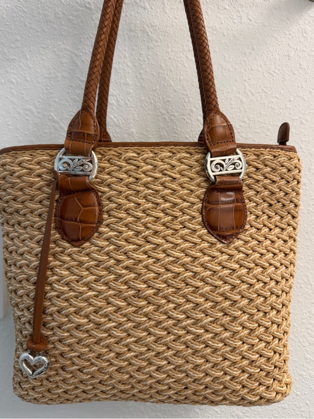 Brighton Eva Woven Straw Shoulder Bag with Brown Leather Trim